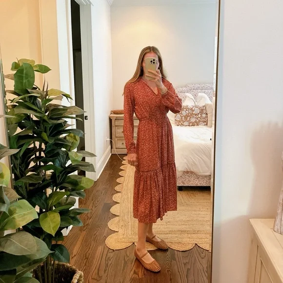 Chan Luu | Dresses | Chan Luu Size S Rust Floral Silk Tiered Maxi Neck Tie  Long Sleeve Dress | Poshmark